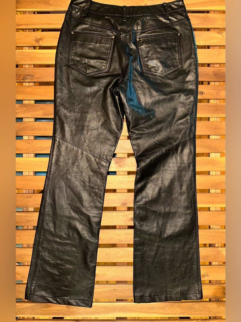 Harley-Davidson Black Leather Boot-Cut Flare Pants - Picture 4 of 12